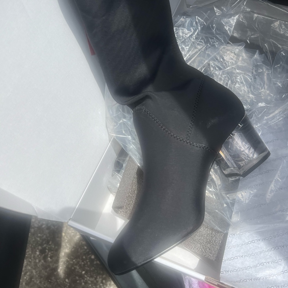 Aldo Black Stretch Sock Boot with Clear Block Heel - Picture 2 of 2